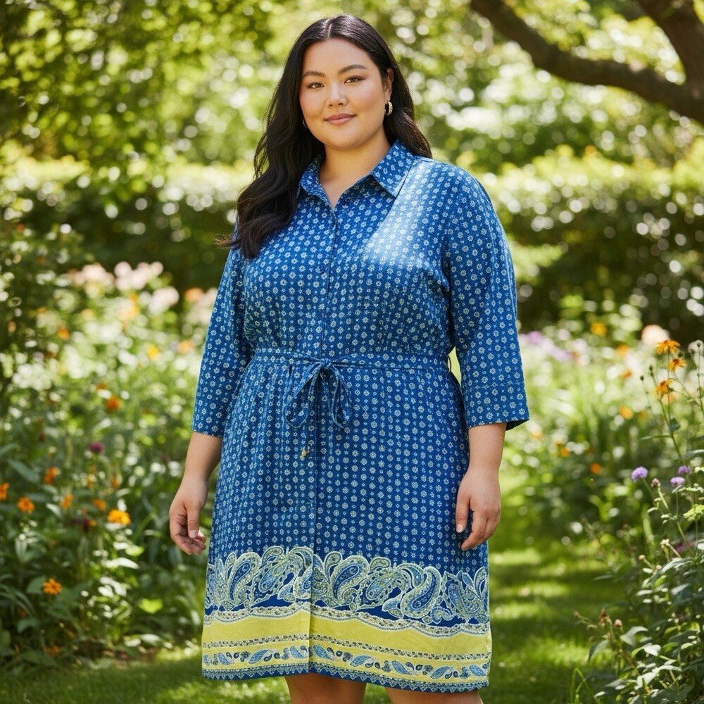 Blue Paisley Border Shirt Dress with Drawstring Waist